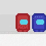 Hai nhân vật pixel dạng không gian, một màu đỏ và một màu xanh, đứng cạnh nhau trên nền trắng