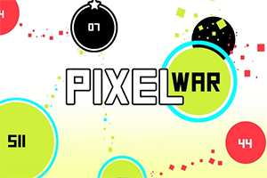 Hình ảnh có các vòng tròn nhiều màu với chữ PIXEL WAR nổi bật ở giữa và các số khác nhau trong các vòng tròn xung quanh