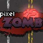 Hình ảnh chứa dòng chữ Pixel Zombies được hiển thị trên một con đường với hiệu ứng màu đỏ rực phía sau