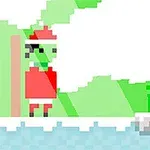 Nhân vật pixel đội mũ ông già Noel đứng cạnh vùng băng tuyết với phong cảnh xanh phía sau