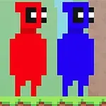Hai nhân vật pixel màu đỏ và xanh đứng cạnh nhau trên nền cỏ trong khung cảnh trò chơi điện tử