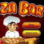 Đầu bếp đội mũ làm bánh đứng trước quầy với pizza và bột, bên cạnh là các nút chọn Tutorial, Play và Select level