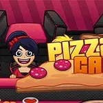 Hình ảnh một lát pizza lớn với dòng chữ Pizza Cafe và các nhân vật hoạt hình vui nhộn phía sau