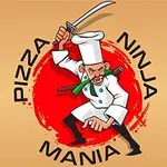 Một đầu bếp đội nón trắng cầm kiếm trong tư thế ninja, với vòng tròn đỏ và dòng chữ Pizza Ninja Mania