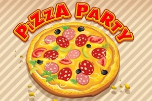 Một chiếc pizza với xúc xích, cà chua, ô liu và rau thơm phía dưới chữ Pizza Party đầy màu sắc