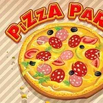 Một chiếc pizza với xúc xích, cà chua, ô liu và rau thơm phía dưới chữ Pizza Party đầy màu sắc
