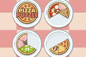Bốn chiếc đĩa pizza trên nền bàn kẻ ô vuông, mỗi chiếc có một phần pizza bị khuyết