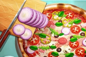 Bánh pizza với nhiều lớp phủ lá húng quế, cà chua, hành tím, và nấm cùng dao cắt và thớt gỗ bên cạnh