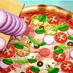 Bánh pizza với nhiều lớp phủ lá húng quế, cà chua, hành tím, và nấm cùng dao cắt và thớt gỗ bên cạnh