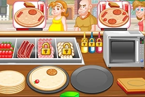 Quầy bếp với các nguyên liệu làm bánh pizza và khách hàng đang chờ đợi