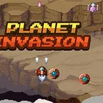 Dòng chữ Planet Invasion nổi bật trên phong nền cảnh quan hành tinh với phi thuyền và đĩa bay nhỏ