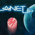 Hình ảnh có chữ PLANET UP phát sáng bên trên một cảnh không gian với một hành tinh nhỏ màu đỏ hồng và hai hành tinh lớn hơn màu xanh dương ở nền