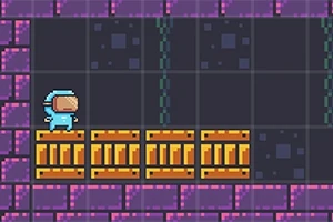 Nhân vật nhỏ mặc đồ phi hành gia đứng trên các hộp gỗ trong một môi trường pixel nghệ thuật với nền tường màu tím