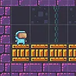 Nhân vật nhỏ mặc đồ phi hành gia đứng trên các hộp gỗ trong một môi trường pixel nghệ thuật với nền tường màu tím