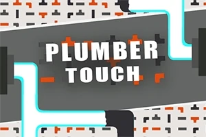 Chữ Plumber Touch trên nền xám với các ống nước màu xanh dương và họa tiết hình ống dẫn màu đen, đỏ và xám xung quanh
