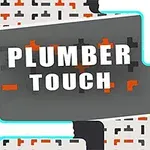 Chữ Plumber Touch trên nền xám với các ống nước màu xanh dương và họa tiết hình ống dẫn màu đen, đỏ và xám xung quanh