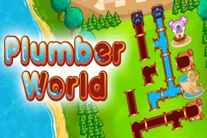 Dòng chữ “Plumber World” với nền màu xanh, biển, ống nước, và một con phù thuỷ nhỏ tím bên cạnh hệ thống ống dẫn trên nền đất xanh
