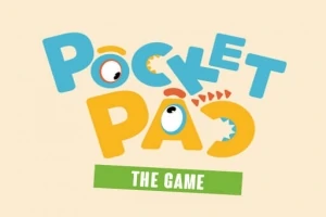 Chữ Pocket Pac với thiết kế chữ cái đầy màu sắc và hình mắt hoạt hình, cùng dòng chữ The Game trên nền màu xanh lá cây