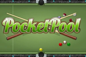 Tên Pocket Pool nằm trên bàn bi-a với gậy và bi xung quanh
