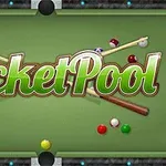 Tên Pocket Pool nằm trên bàn bi-a với gậy và bi xung quanh