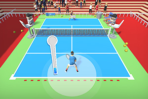 Sân tennis đồ họa với hai người chơi và khán giả ngồi trên khán đài