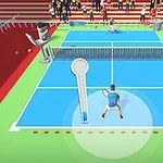 Sân tennis đồ họa với hai người chơi và khán giả ngồi trên khán đài