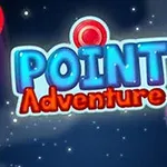Văn bản màu xanh và đỏ Point Adventure trên nền không gian với các vòng màu đỏ và xanh