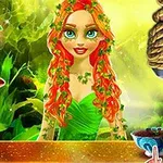 Nhân vật nữ với mái tóc đỏ cam và trang phục màu xanh lá đứng bên cạnh một nhân vật bị treo ngược và trói bằng dây thừng, cùng với một tô thức ăn nhỏ phía trước