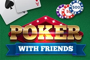 Hình ảnh có chữ POKER WITH FRIENDS với nền xanh lá cây, các quân bài và chip chơi bài
