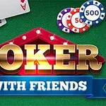 Hình ảnh có chữ POKER WITH FRIENDS với nền xanh lá cây, các quân bài và chip chơi bài