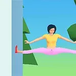 Người phụ nữ với áo vàng và quần hồng đang dùng chân tay bám vào hai bức tường trong tư thế bật nhảy, xung quanh là phong cảnh cây cối và bầu trời xanh