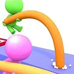 Hai nhân vật hoạt hình đơn giản với màu xanh lá cây và hồng đang tương tác với các khối vuông và vũ khí hình cung màu cam trên nền xanh lam