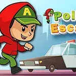 Một nhân vật hoạt hình chạy trên đường với một chiếc xe cảnh sát phía sau, cùng chữ Police Escape nổi bật bên phải
