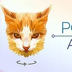 Hình ảnh một con mèo với thiết kế đa giác cạnh sắc nét bên cạnh dòng chữ POLY ART