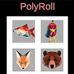 Bốn hình ảnh đa giác: cá, siêu anh hùng, cáo, và gấu trên nền đen với chữ PolyRoll phía trên