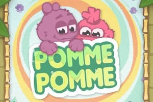 Hai sinh vật hoạt hình màu tím và hồng đang nhìn qua một tấm biển có chữ Pomme Pomme với nền màu sắc vui nhộn
