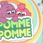 Hai sinh vật hoạt hình màu tím và hồng đang nhìn qua một tấm biển có chữ Pomme Pomme với nền màu sắc vui nhộn