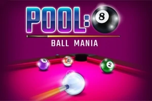 Bàn bi-a màu hồng với các bi nhiều màu sắc và dòng chữ POOL: BALL MANIA phía trên