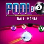 Bàn bi-a màu hồng với các bi nhiều màu sắc và dòng chữ POOL: BALL MANIA phía trên