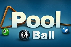 Hình ảnh có chữ Pool Ball với các quả bi-a số 6, 8, và 2 cùng với một cây cơ và giá đỡ tam giác trên nền xanh