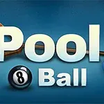 Hình ảnh có chữ Pool Ball với các quả bi-a số 6, 8, và 2 cùng với một cây cơ và giá đỡ tam giác trên nền xanh
