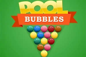 Hình ảnh có các quả bóng nhiều màu sắc xếp thành hình tam giác bên dưới chữ Pool Bubbles trên nền xanh lá cây