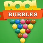 Hình ảnh có các quả bóng nhiều màu sắc xếp thành hình tam giác bên dưới chữ Pool Bubbles trên nền xanh lá cây