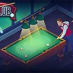 Hai người đàn ông đang chơi bi-a trong một câu lạc bộ với bàn bi-a, đèn chiếu sáng và dòng chữ Pool Club ở góc trên cùng