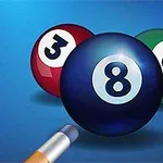 Ba trái bóng bi-a có số 3, 8 và 6 trên nền màu xanh lam, với một đầu gậy bi-a phía dưới