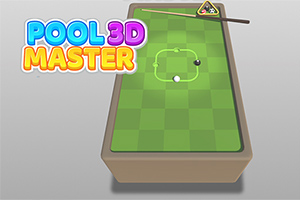 Bàn bi-a xanh với hai quả bóng và cây gậy bi-a, cùng dòng chữ Pool 3D Master nổi bật