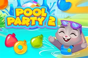 Một chú thỏ hoạt hình đeo kính râm màu tím đang vui chơi trong hồ bơi với các đồ chơi đầy màu sắc nổi trên mặt nước