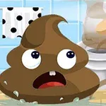 Hình ảnh một đống phân hoạt hình với khuôn mặt biểu cảm, nằm trên sàn phòng tắm gần bồn cầu, với một ngón tay đang chỉ vào nó