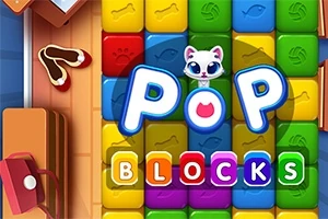 Các khối hình màu sắc tươi sáng với dòng chữ POP BLOCKS cùng hình một chú mèo hoạt hình ở giữa