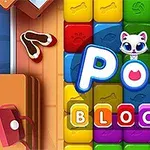Các khối hình màu sắc tươi sáng với dòng chữ POP BLOCKS cùng hình một chú mèo hoạt hình ở giữa